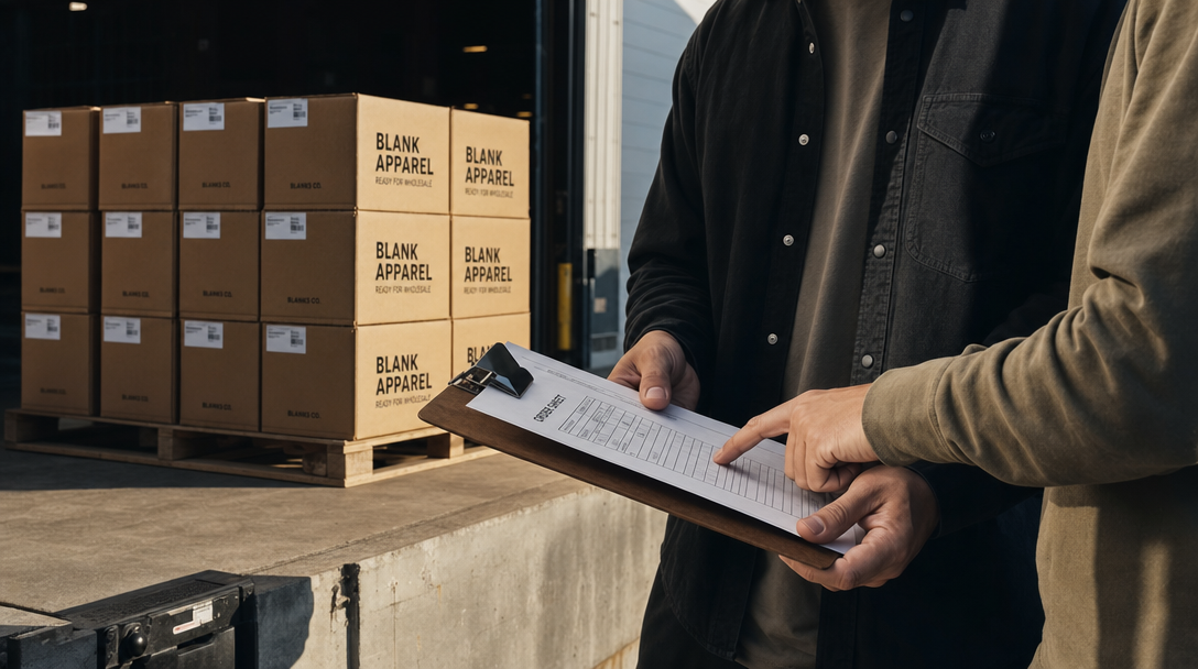 Boxed blank apparel ready for wholesale on a loading dock with an order sheet being reviewed