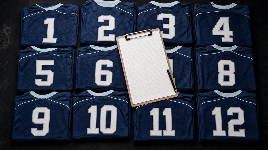 Overhead flat-lay of a dozen folded matching team jerseys with a roster clipboard