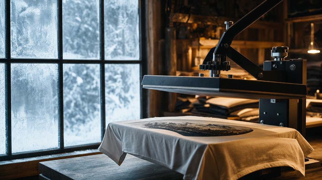 Heat press in use in a warm workshop with a frosty winter window in the background